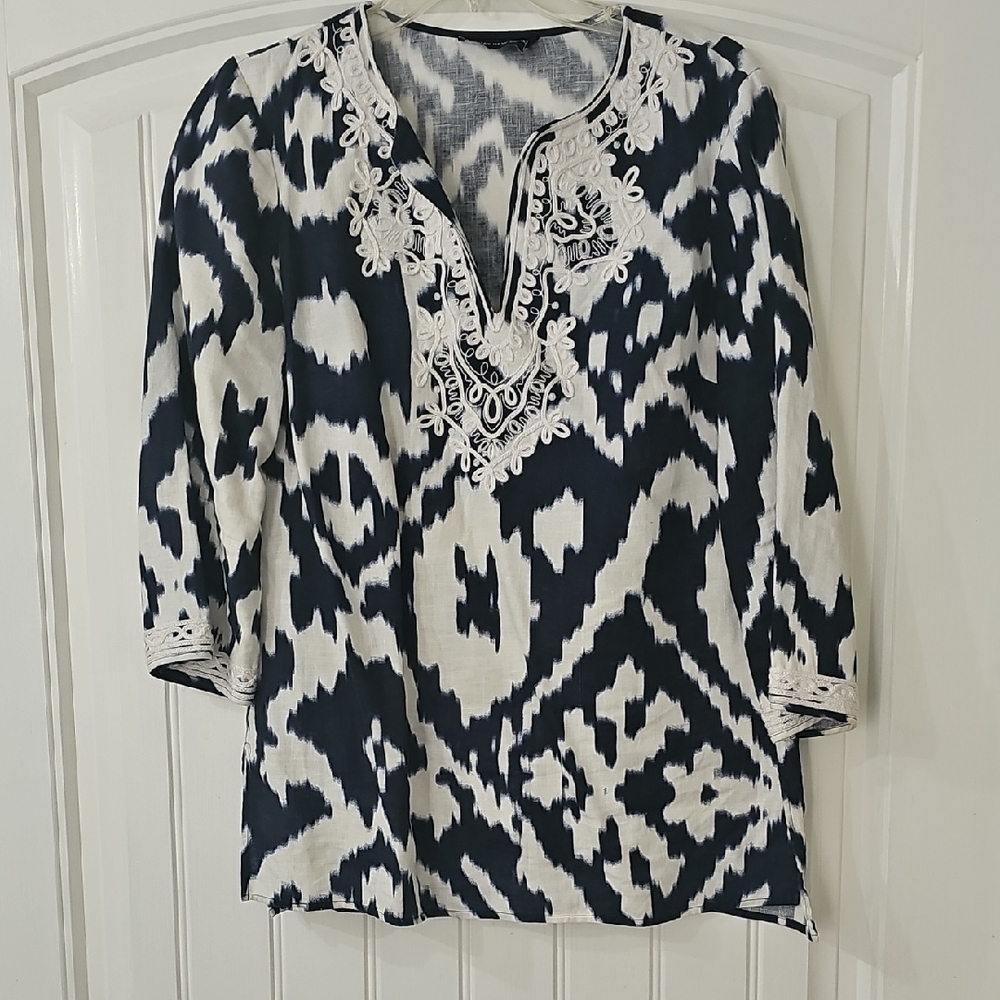 Navy and White Embroidered Women's Top